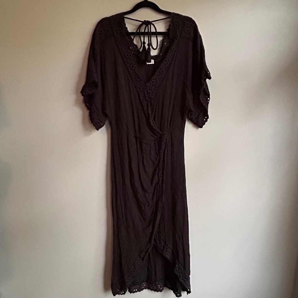 Surf Gypsy Black Eyelet Lace Wrap Midi Dress TX8036 Small Boho Beach Tassel Tie
